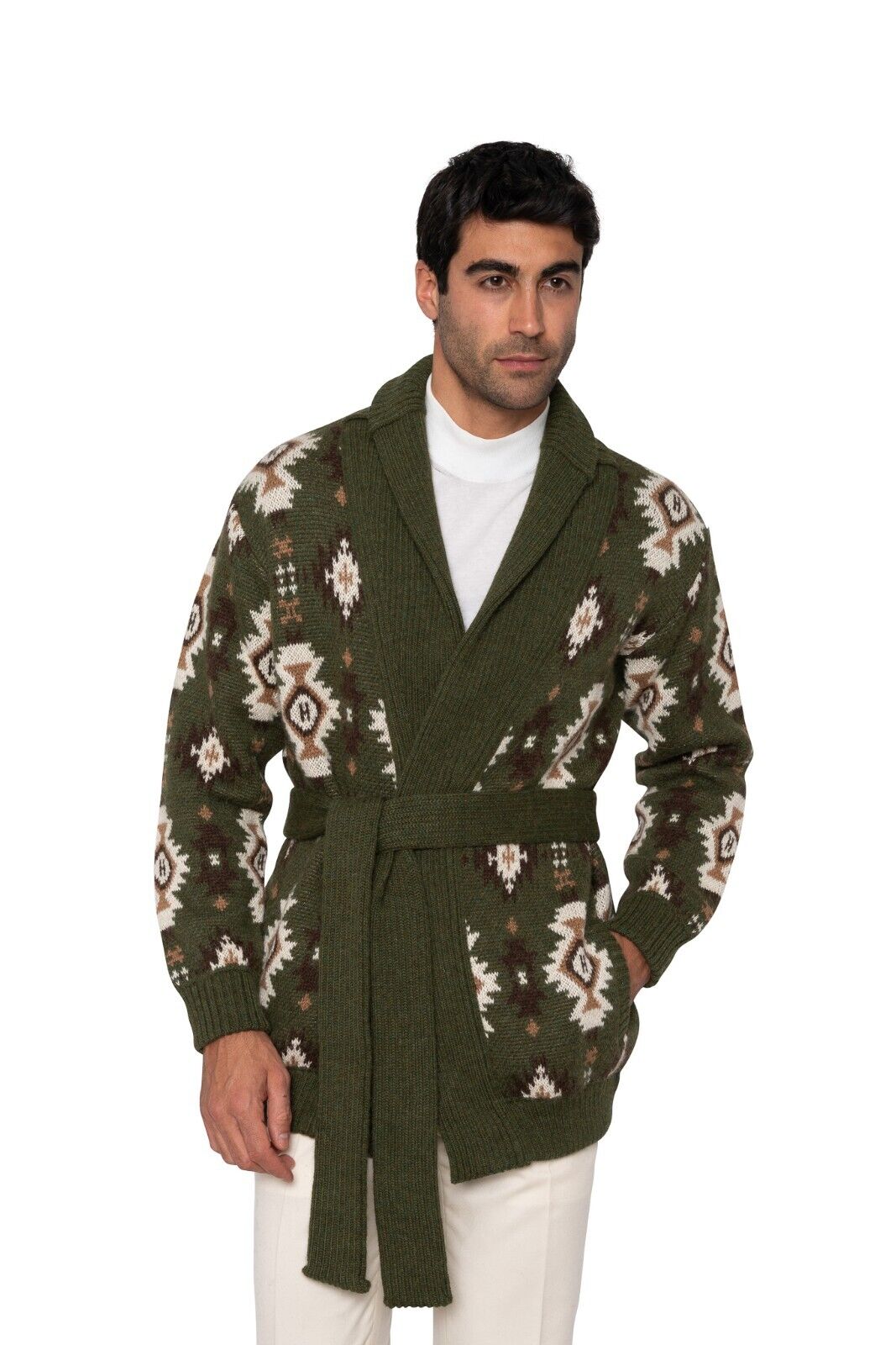 $2200 FEDELI CASHMERE Green Belted Cardigan Jacquard Baby Alpaca 40 US / 50 EU