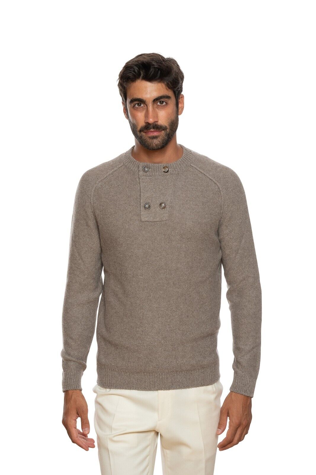 580$ DELLA CIANA CASHMERE Sweater Open Collar Merinos Wool / Cashmere Brown