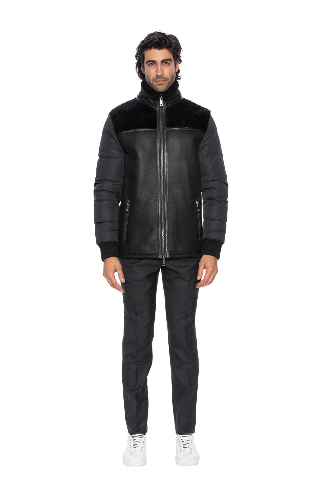 $3885 HETTABRETZ for TESTONI Black Jacket Coat Puffer Goose Down + Shearling