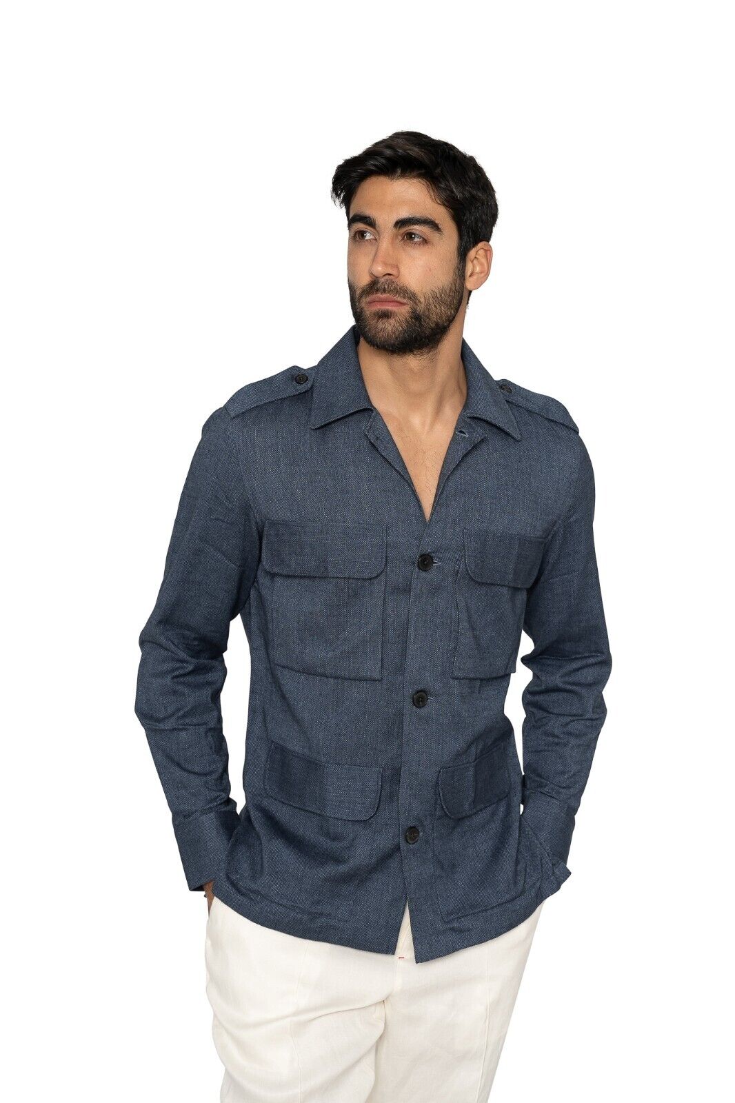 1400$ LUXURY MAROL BOLOGNA Safari Jacket Shirt Blue RIVA Cotton 15.5 - 39