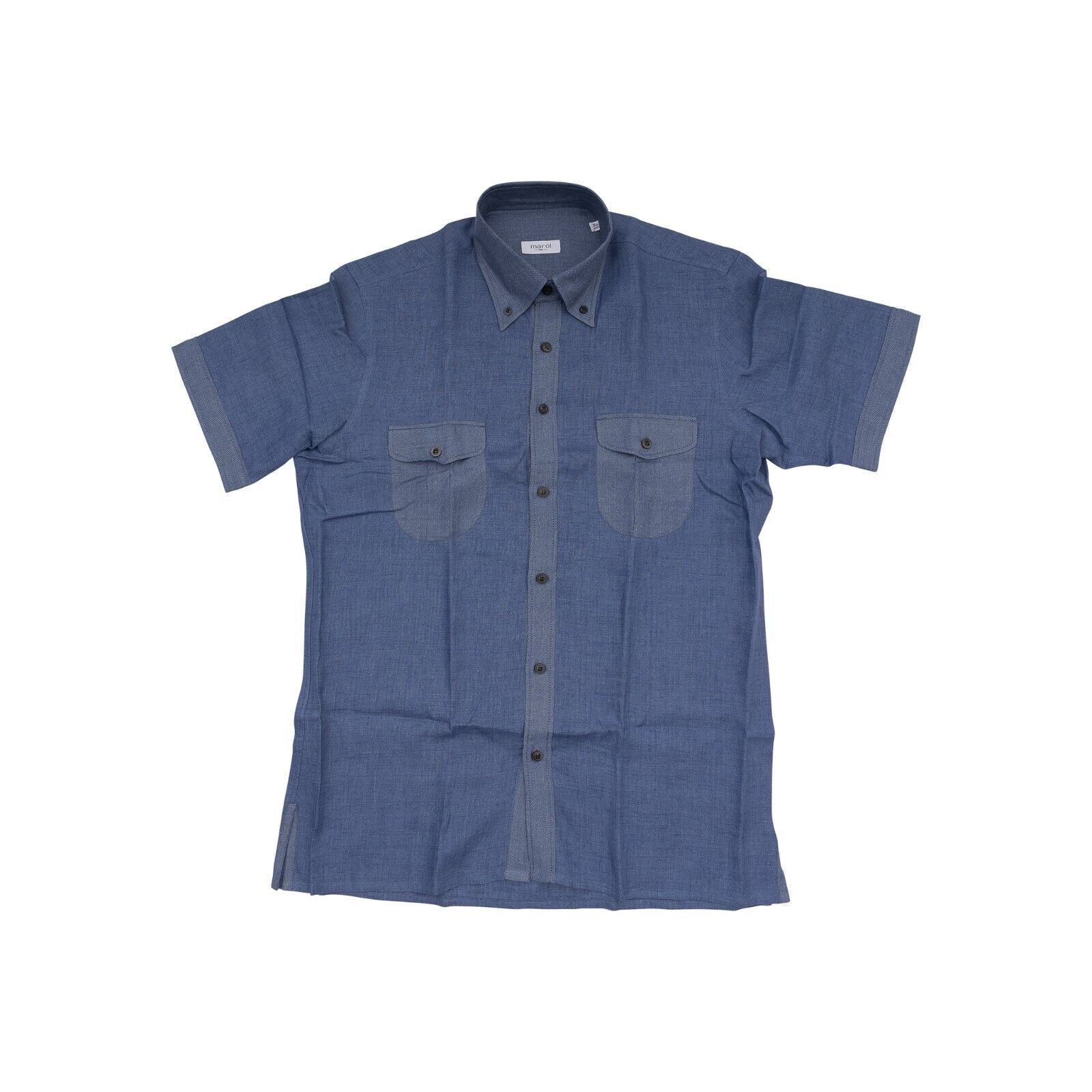 1400$ LUXURY MAROL BOLOGNA Short Sleeve Shirt Blue 100% Linen 15.75 - 40