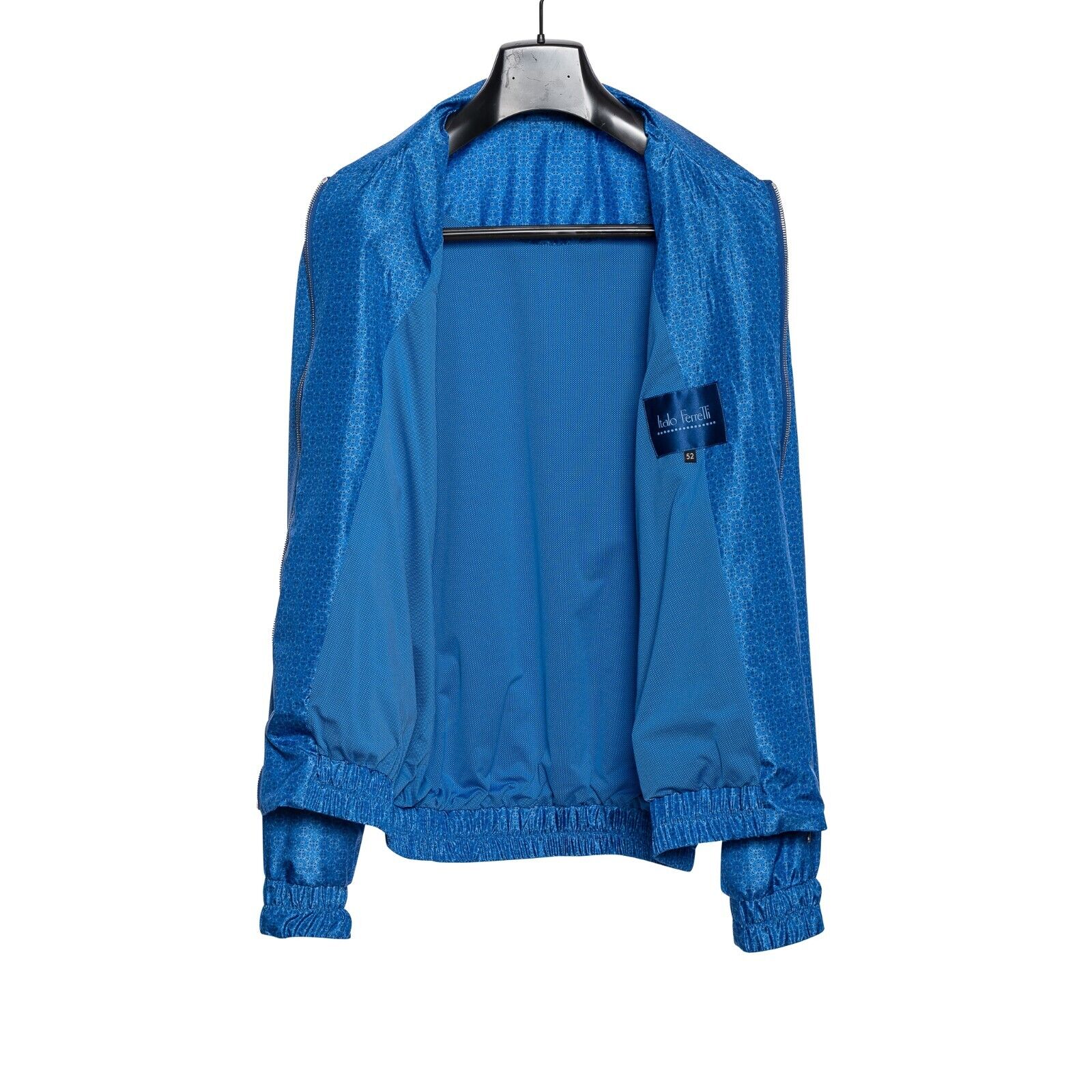 2000$ ITALO FERRETTI Bomber Jacket Blue "Geometric" 100% Silk 42 US 52 EU BIJAN