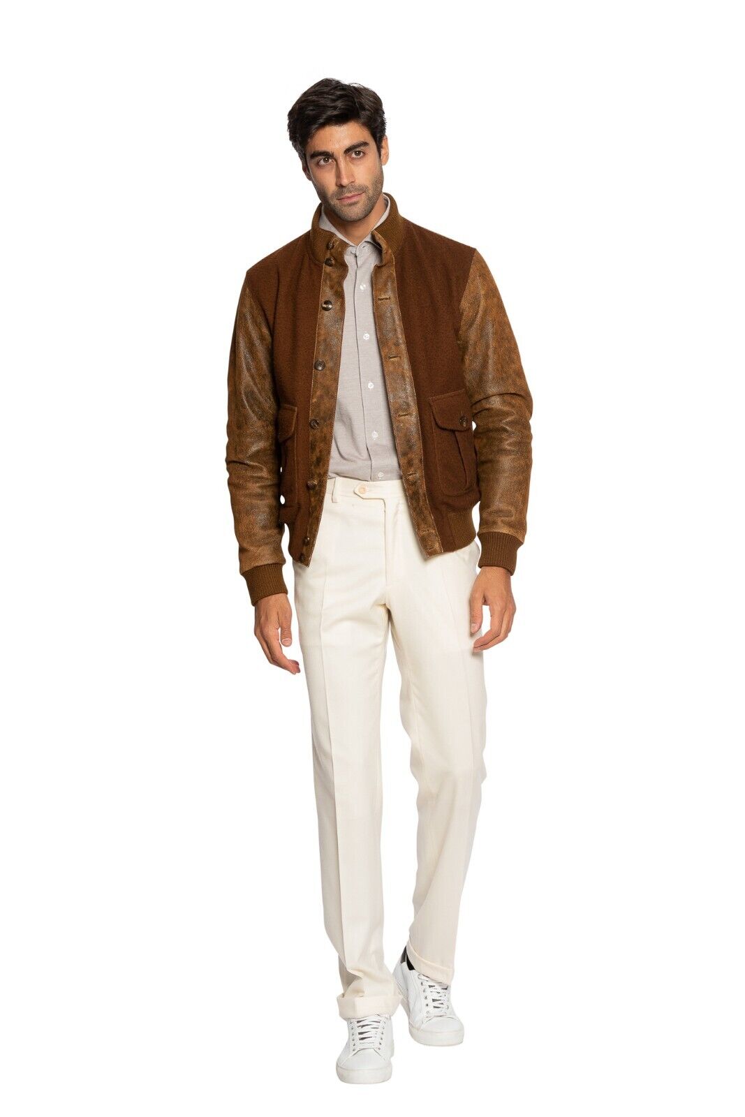 $2200 BOGLIOLI MILANO Bomber Coat Jacket Brown Wool + Aged Leather 40 US / 50 EU