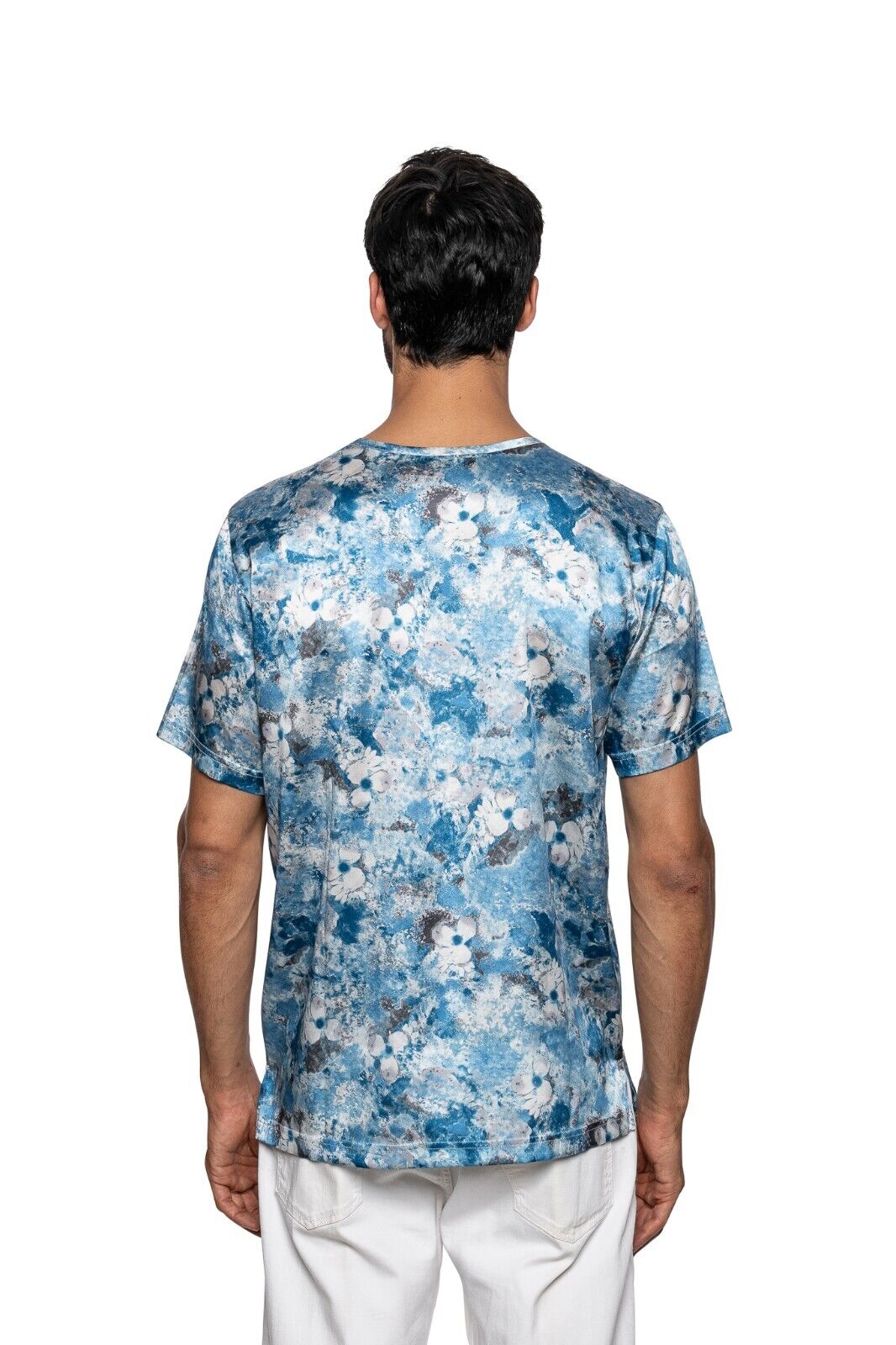 750$ ITALO FERRETTI T-Shirt Blue "FLOWER" 100% Silk COMO STRETCH Size L ZILLI