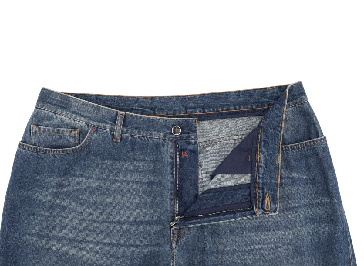 795$ ISAIA NAPOLI "Forcella" Blue Denim Jeans Pant Cotton - Leather Tag Wide Leg