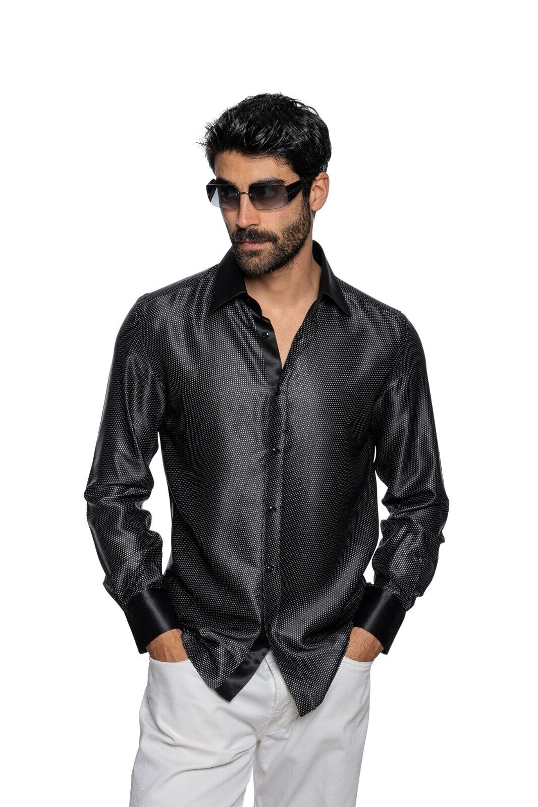 1600$ LUXURY FABIO CAVIGLIA Shirt " MICRO " Black t 100% Silk Satin Size S