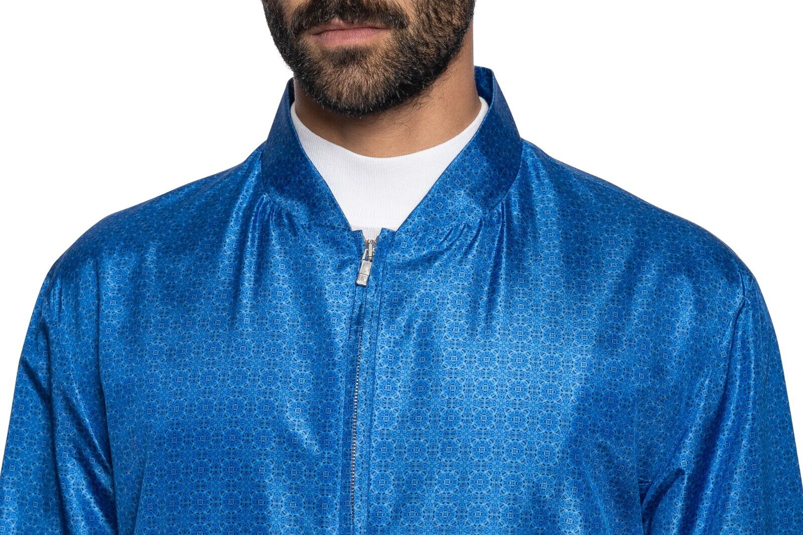 2000$ ITALO FERRETTI Bomber Jacket Blue "Geometric" 100% Silk 42 US 52 EU BIJAN