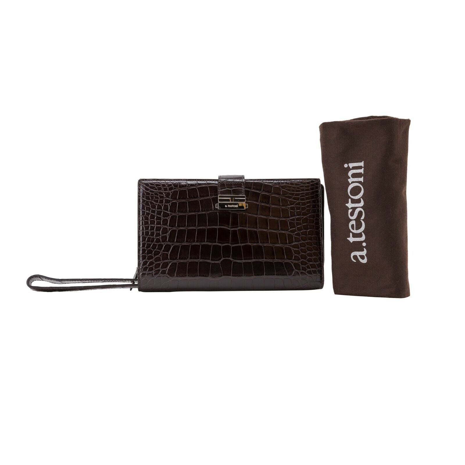 $4200 Testoni Bologna Chocolate Clutch Bag Travel Wallet Genuine Alligator
