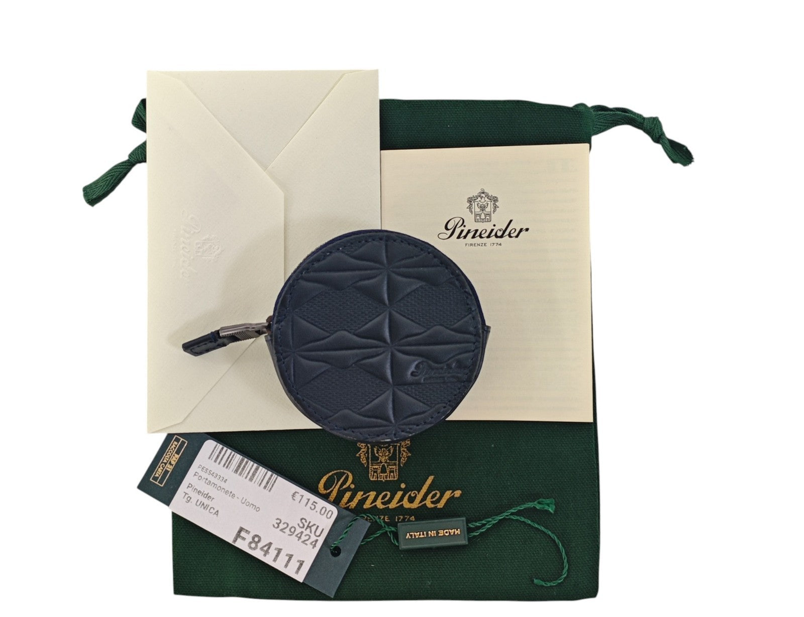 135$ PINEIDER FIRENZE 1774 Round Zip Coin Holder Embossed Calf Blue