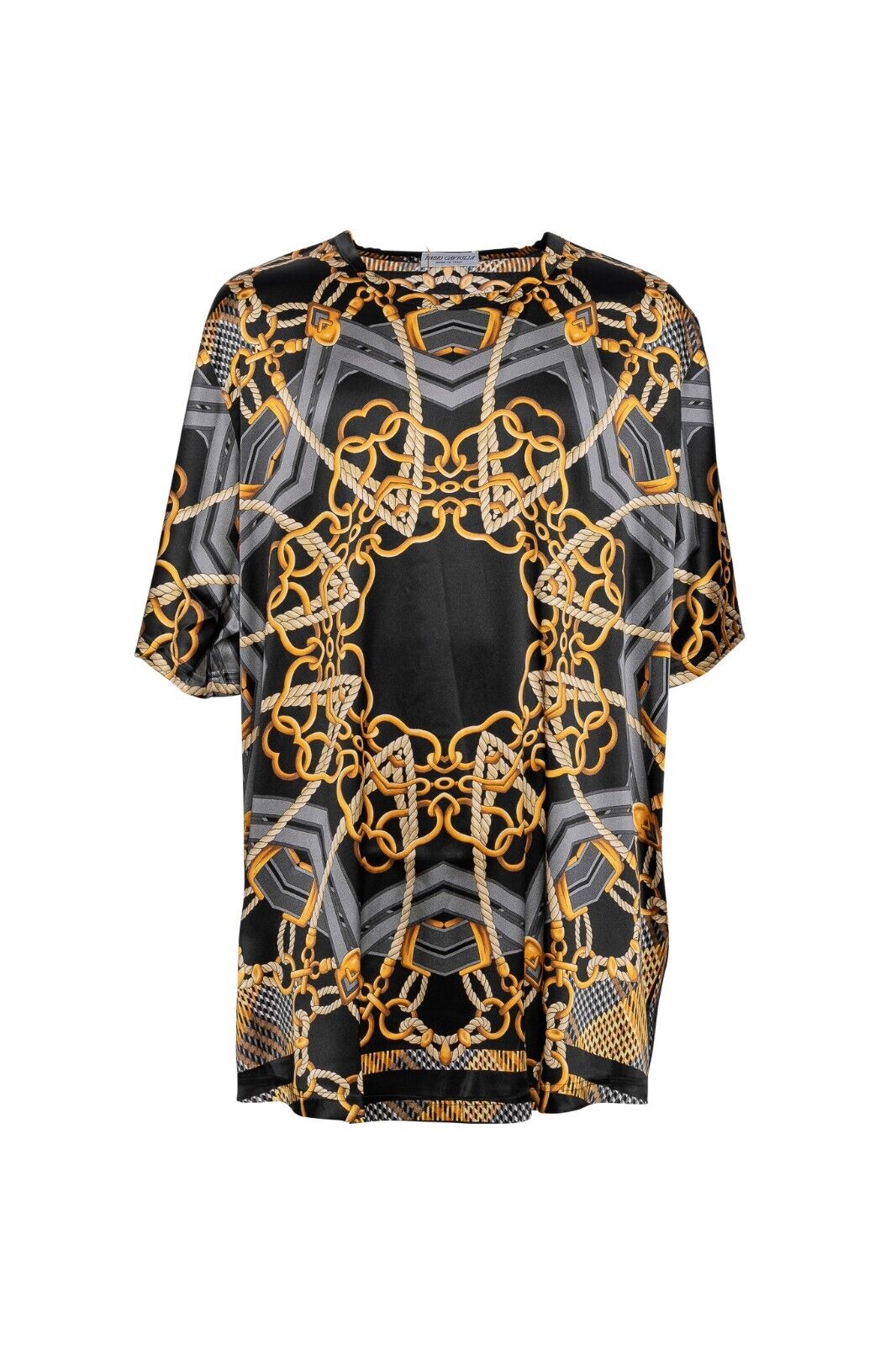 750$ FABIO CAVIGLIA T-Shirt "TUNIC" Black Chains 100% Silk COMO STRETCH Sz XXL