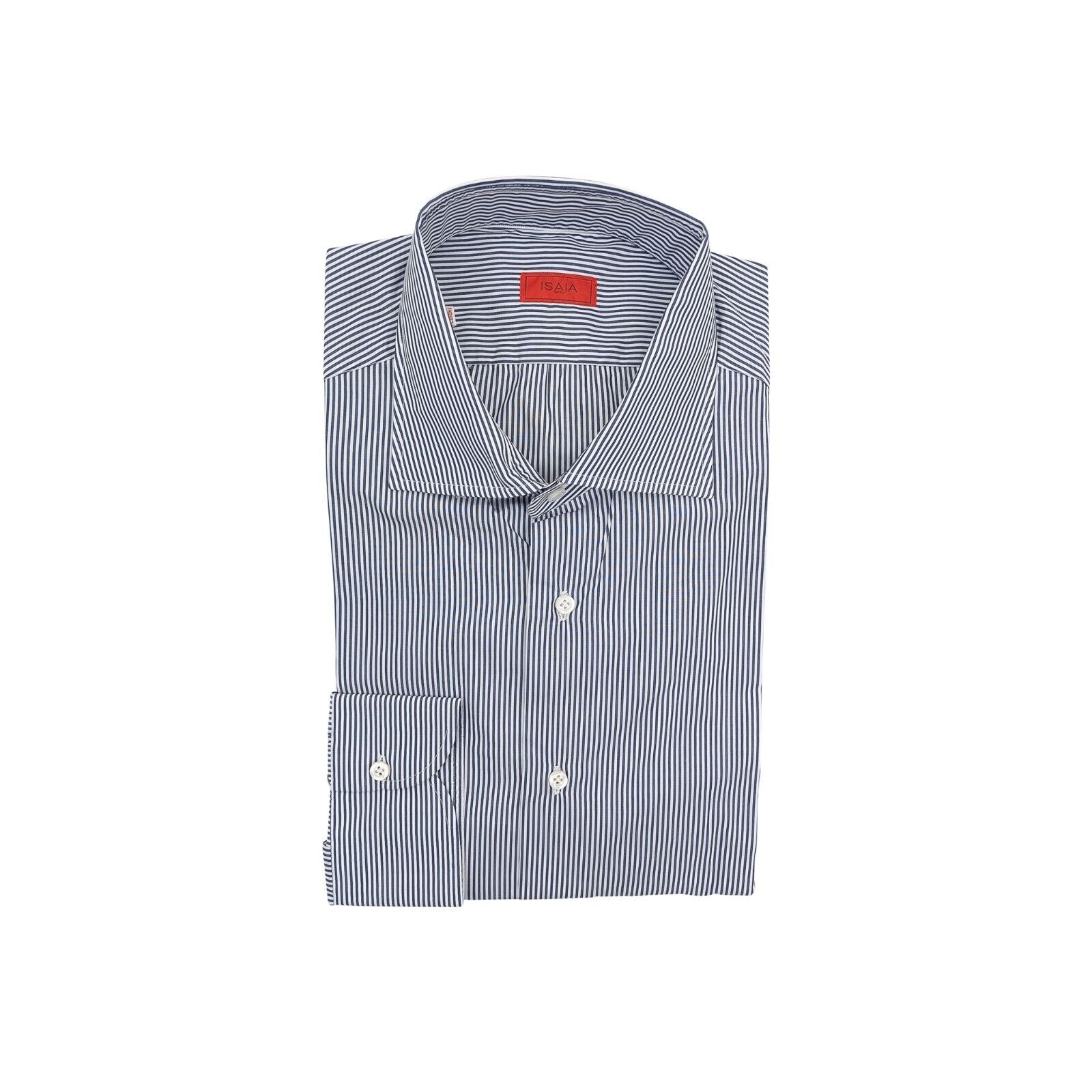 690$ ISAIA NAPOLI Blue Hand-Sewn Striped Dress Shirt Fine Cotton 17.5 - 44