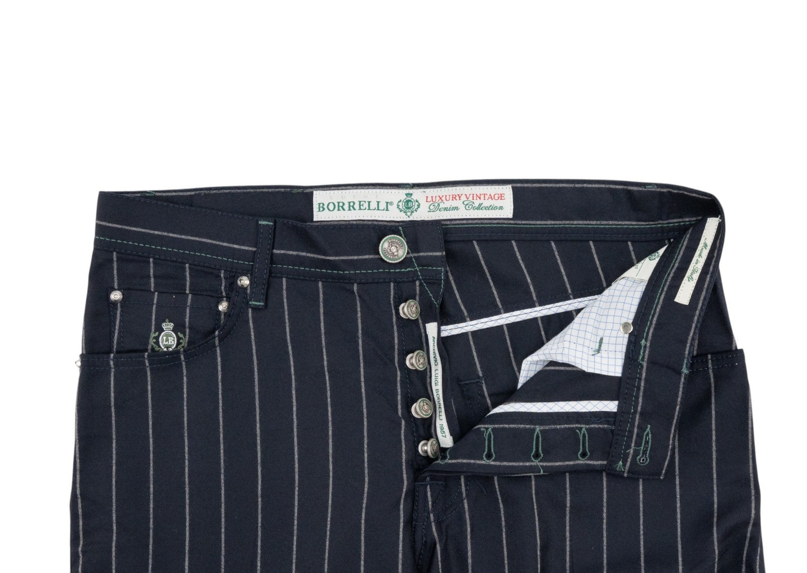 470$ LUIGI BORRELLI NAPOLI Blue Navy Striped 5 Pocket Pant Wool 34 US / 50 EU