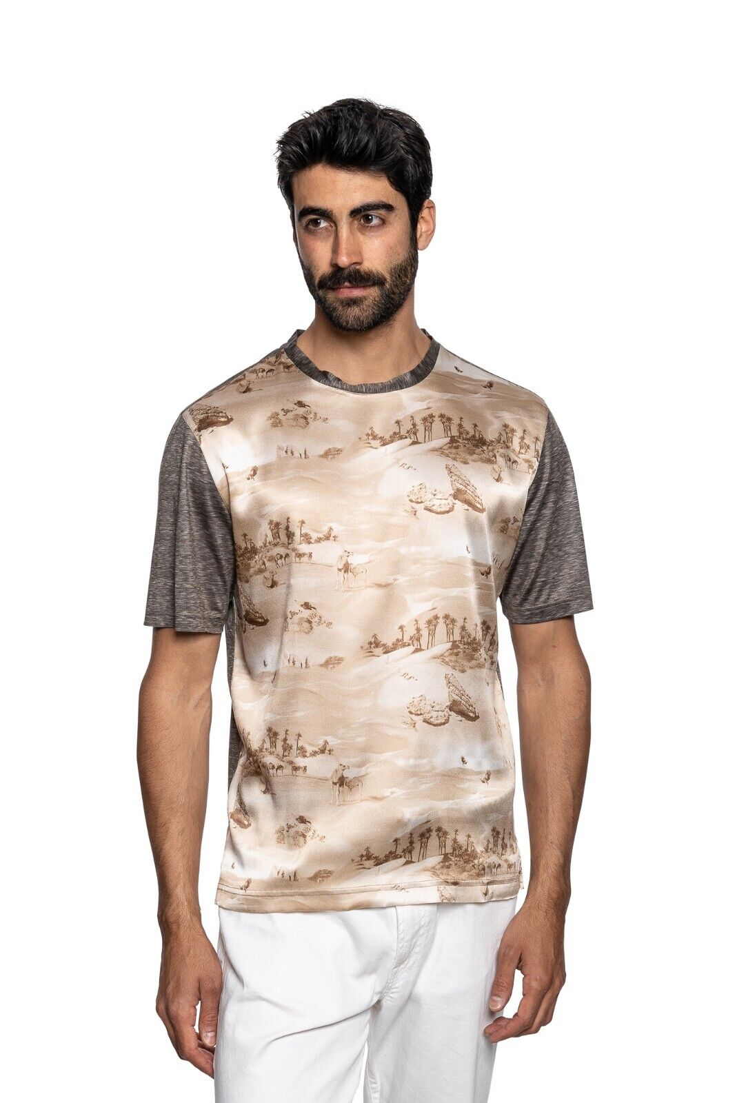 750$ ITALO FERRETTI T-Shirt Gray + Sand "SAHARA" 100% Silk COMO Size L ZILLI