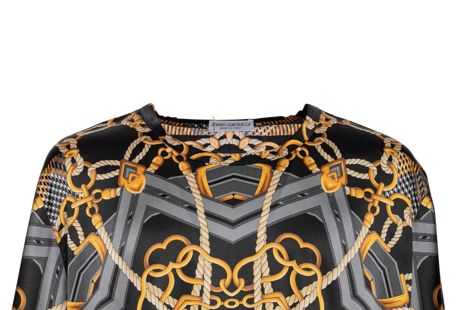 750$ FABIO CAVIGLIA T-Shirt "TUNIC" Black Chains 100% Silk COMO STRETCH Sz XXL