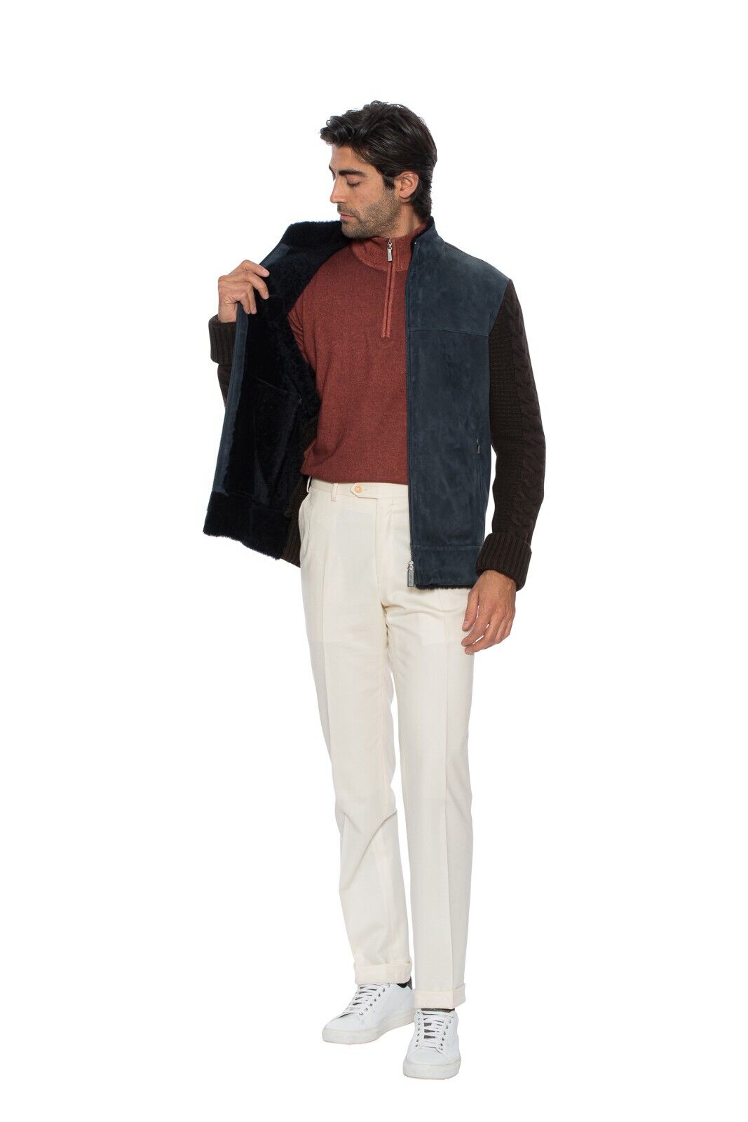 $6300 HETTABRETZ Cashmere / Wool Blue Leather Lambskin Fur Coat 40 US / 50 EU