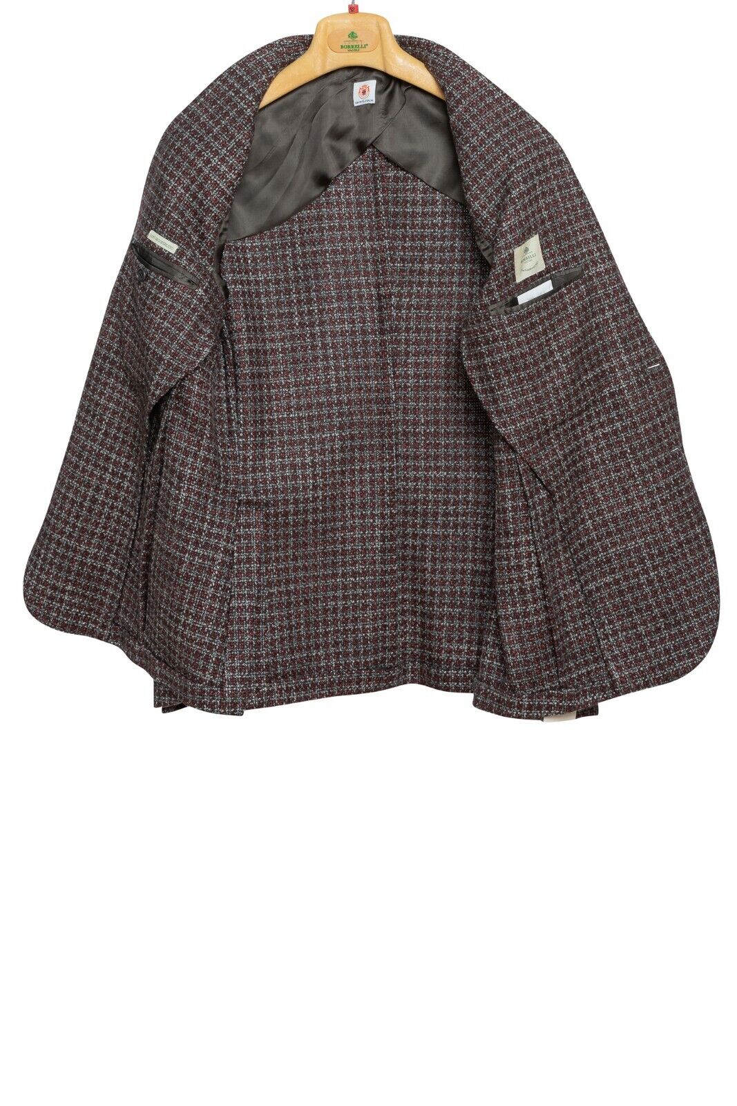 $2080 LUIGI BORRELLI Hand-Sewn Wine Gray Houndstooth Jacket Wool Silk