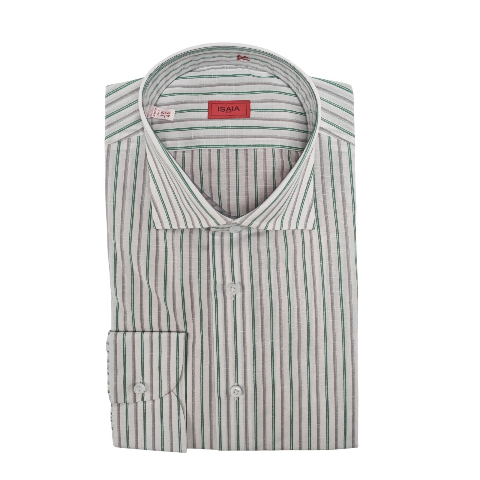 760$ ISAIA NAPOLI "Mix" Dress Shirt White Striped Cotton - Linen 18 - 45