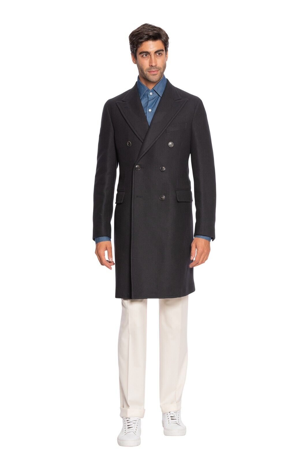 $2200 BOGLIOLI Blue Navy Double Breasted Coat K.Jacket Wool Twill 40 US / 50 EU