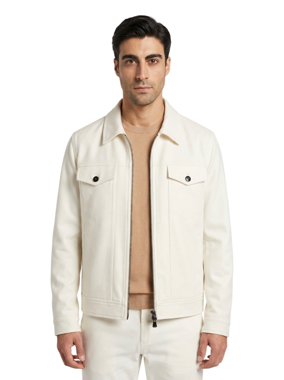 $3450 ISAIA NAPOLI ivory Collared Zip Trucker Jacket Wool 36 US / 46 EU