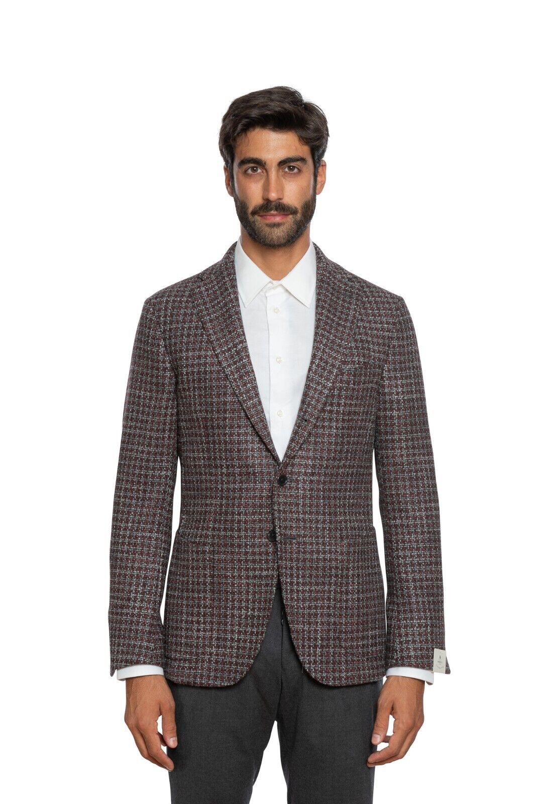 $2080 LUIGI BORRELLI Hand-Sewn Wine Gray Houndstooth Jacket Wool Silk