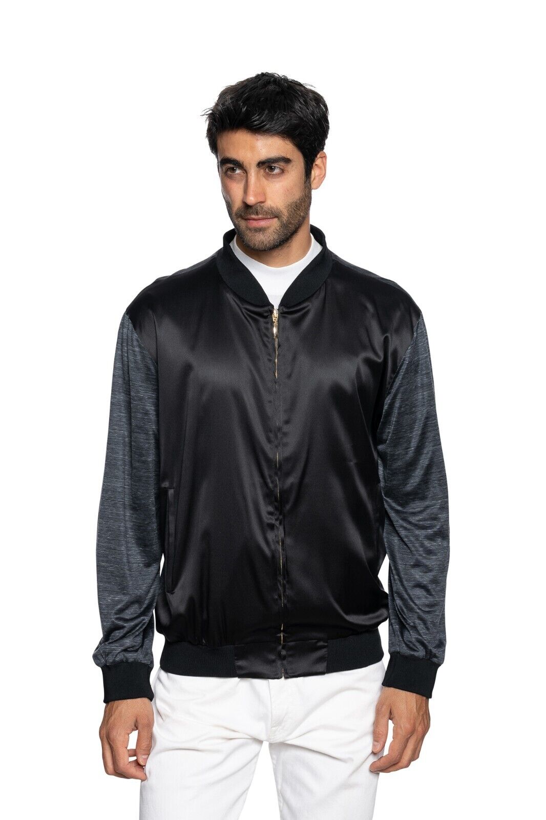 2000$ FABIO CAVIGLIA Bomber Jacket Gray / Black" 100% Silk COMO Stretch Size L