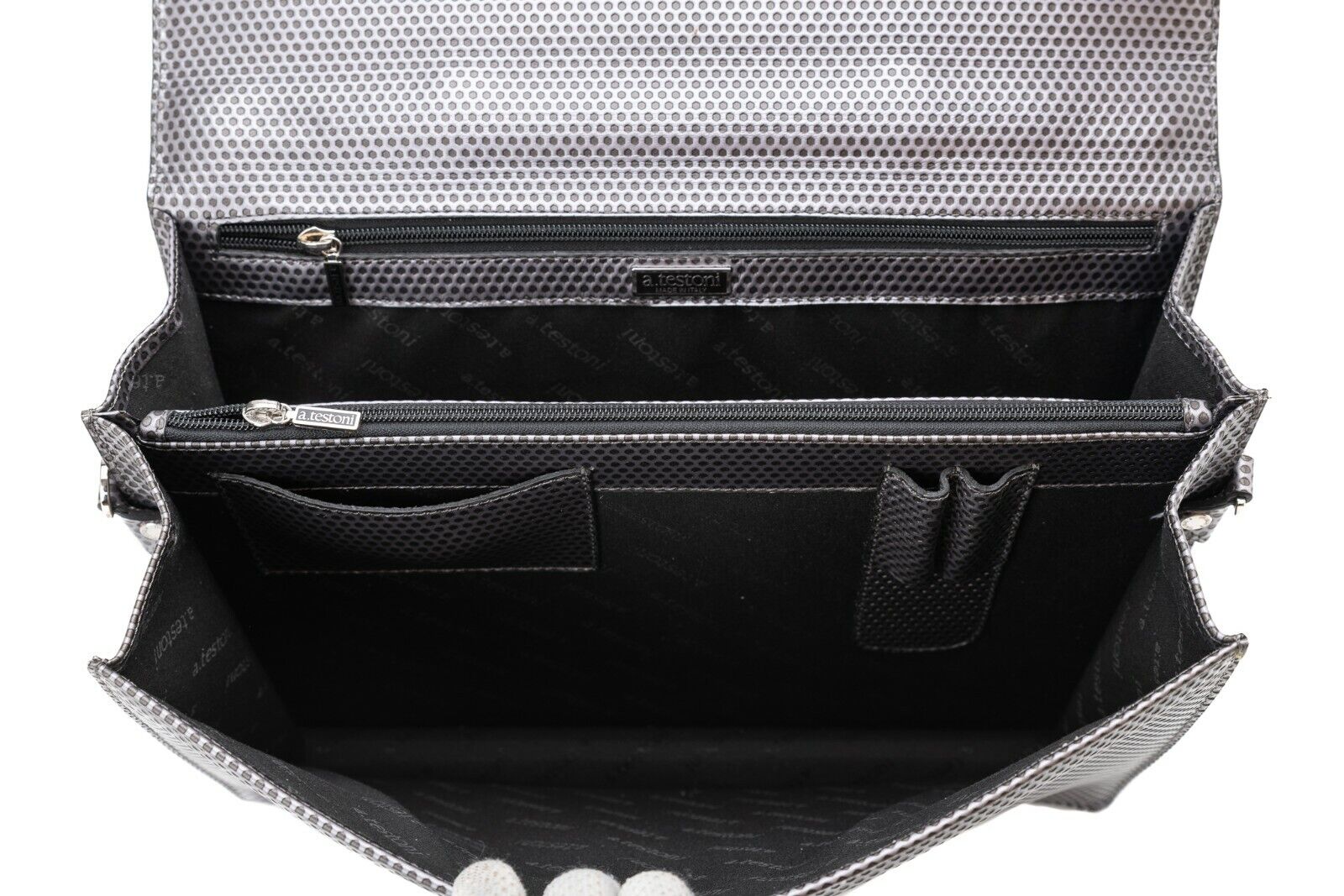 $1290 Testoni Bologna Metal Briefcase PC Case Honeycomb Luxury Calf
