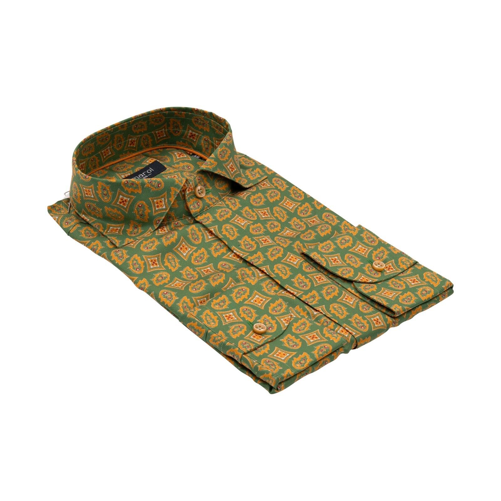 1400$ LUXURY MAROL BOLOGNA Geometric Shirt Green 100% COMO SILK Satin 15.75 - 40