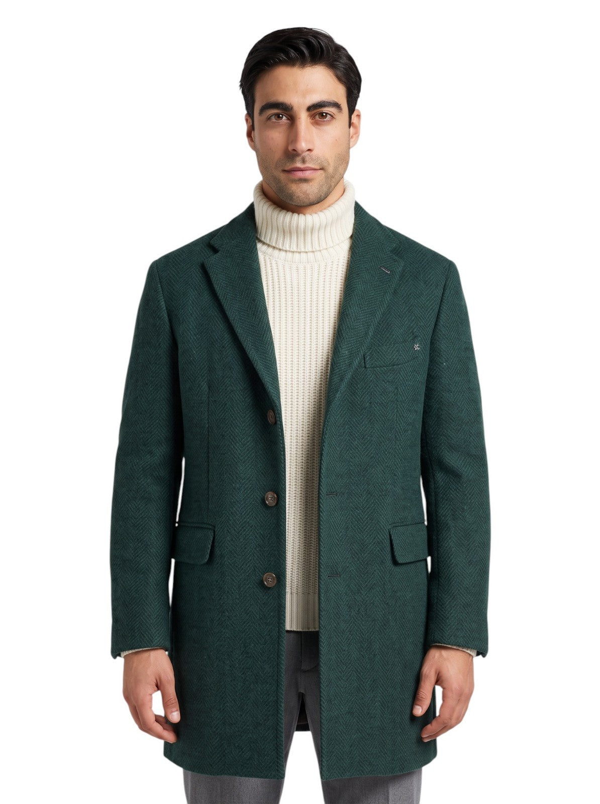 $2750 SARTORIO by KITON Green Overcoat Flannel Wool Herringbone 40 US / 50 EU