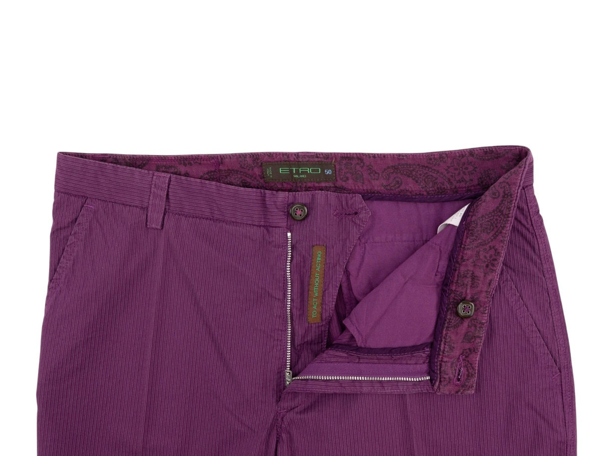 750$ ETRO MILANO Purple Pinstripe Fine Cotton Pant Straight Leg 34 US / 50 EU