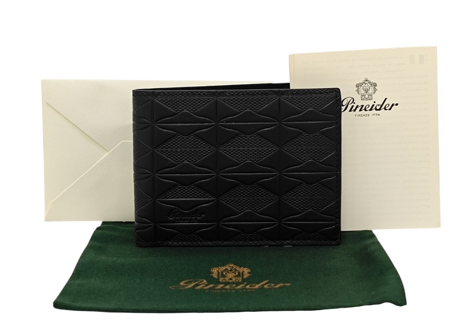 350$ PINEIDER FIRENZE 1774 Embossed Leather Bifold Wallet Black