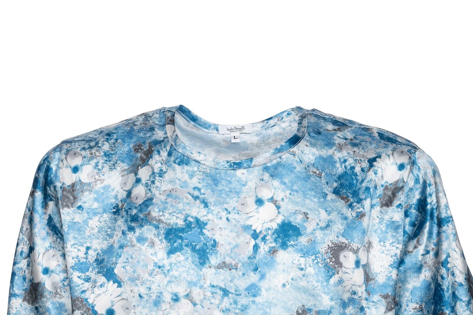 750$ ITALO FERRETTI T-Shirt Blue "FLOWER" 100% Silk COMO STRETCH Size L ZILLI