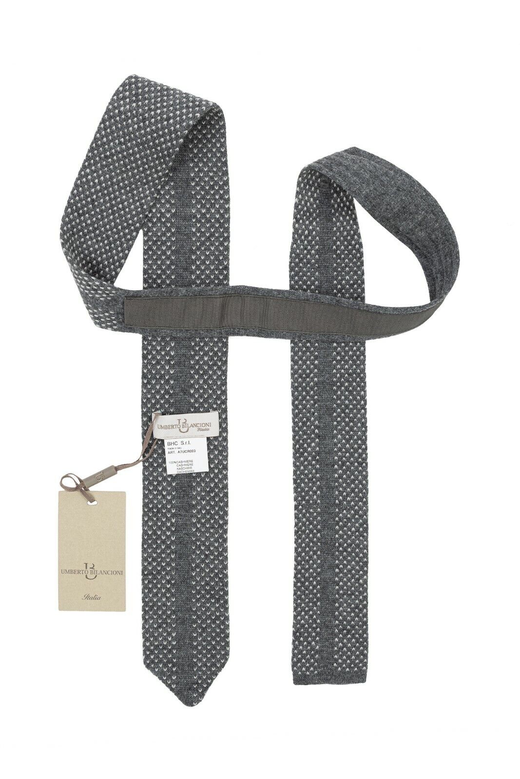 $220 UMBERTO BILANCIONI Gray Trunk Knit Tie 100% Cashmere Geometri Made in Italy