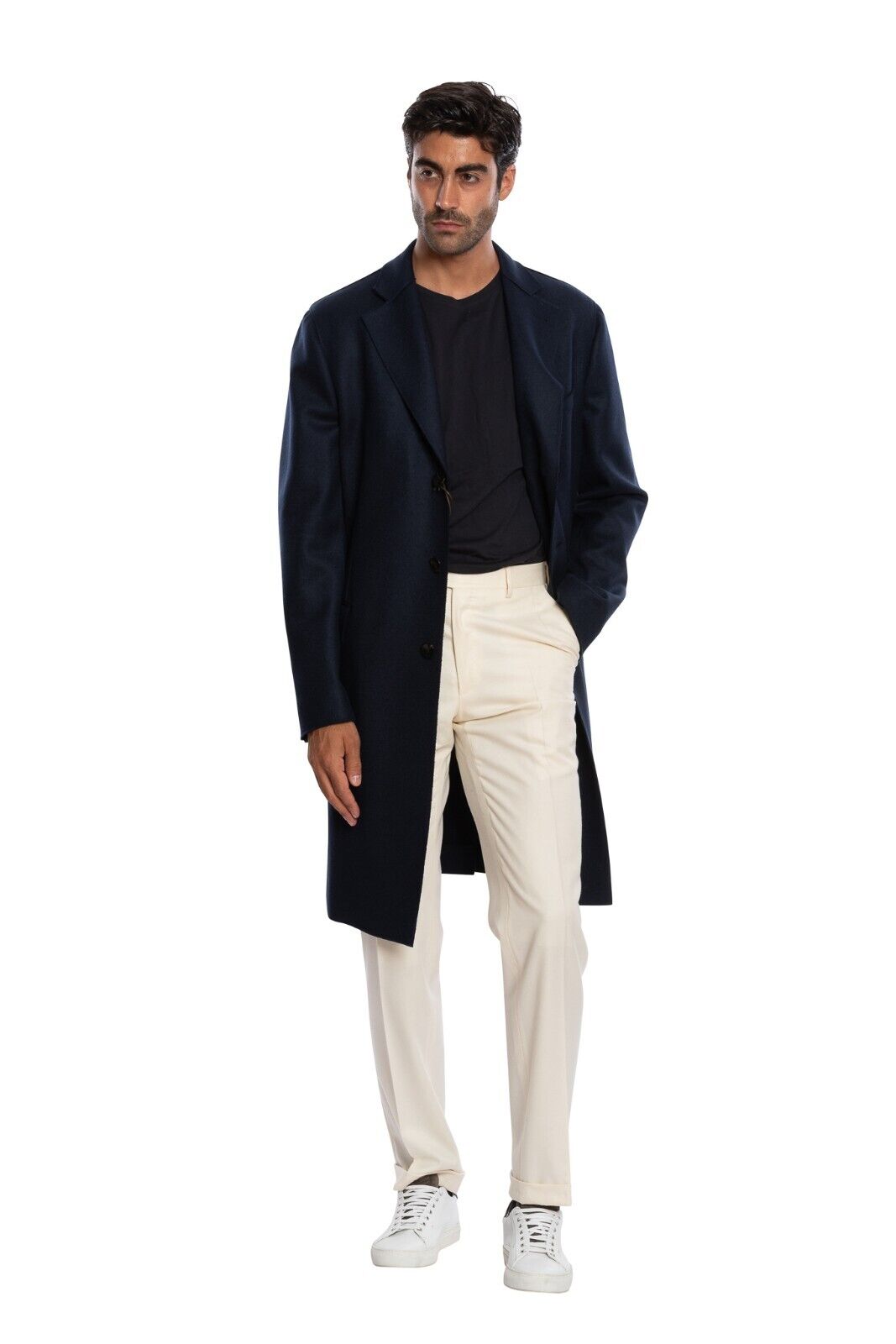 $1950 BOGLIOLI Single Braested Dark Blue Long Coat Flannel Wool 40 US / 50 EU