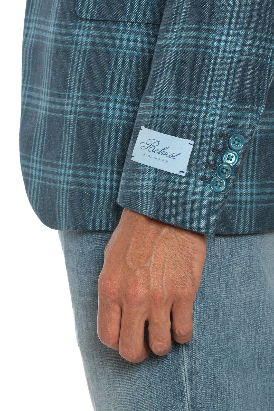 2180$ BELVEST Blue / Aquamarine Jacket Hemp + Wool Checks Super Slim Fit