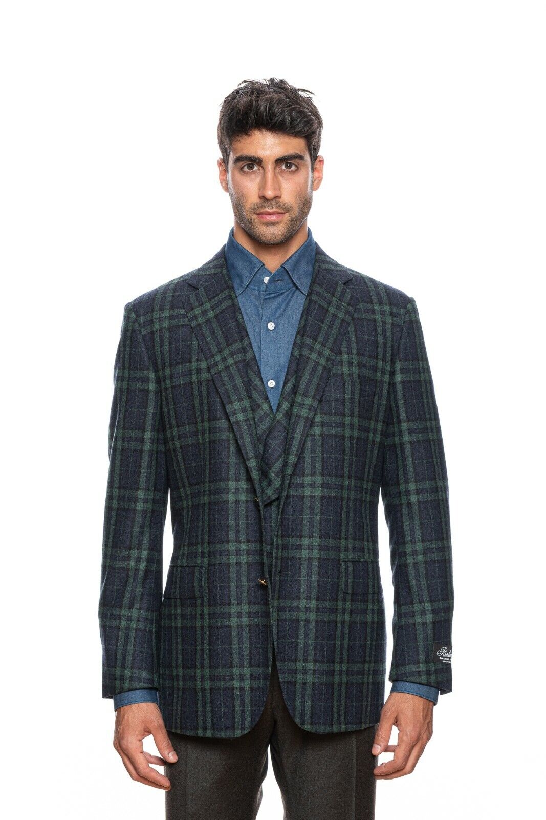$2450 BELVEST Blue Wool Silk Check Jacket + Vest Double Breasted 44 US 54 EU 6R