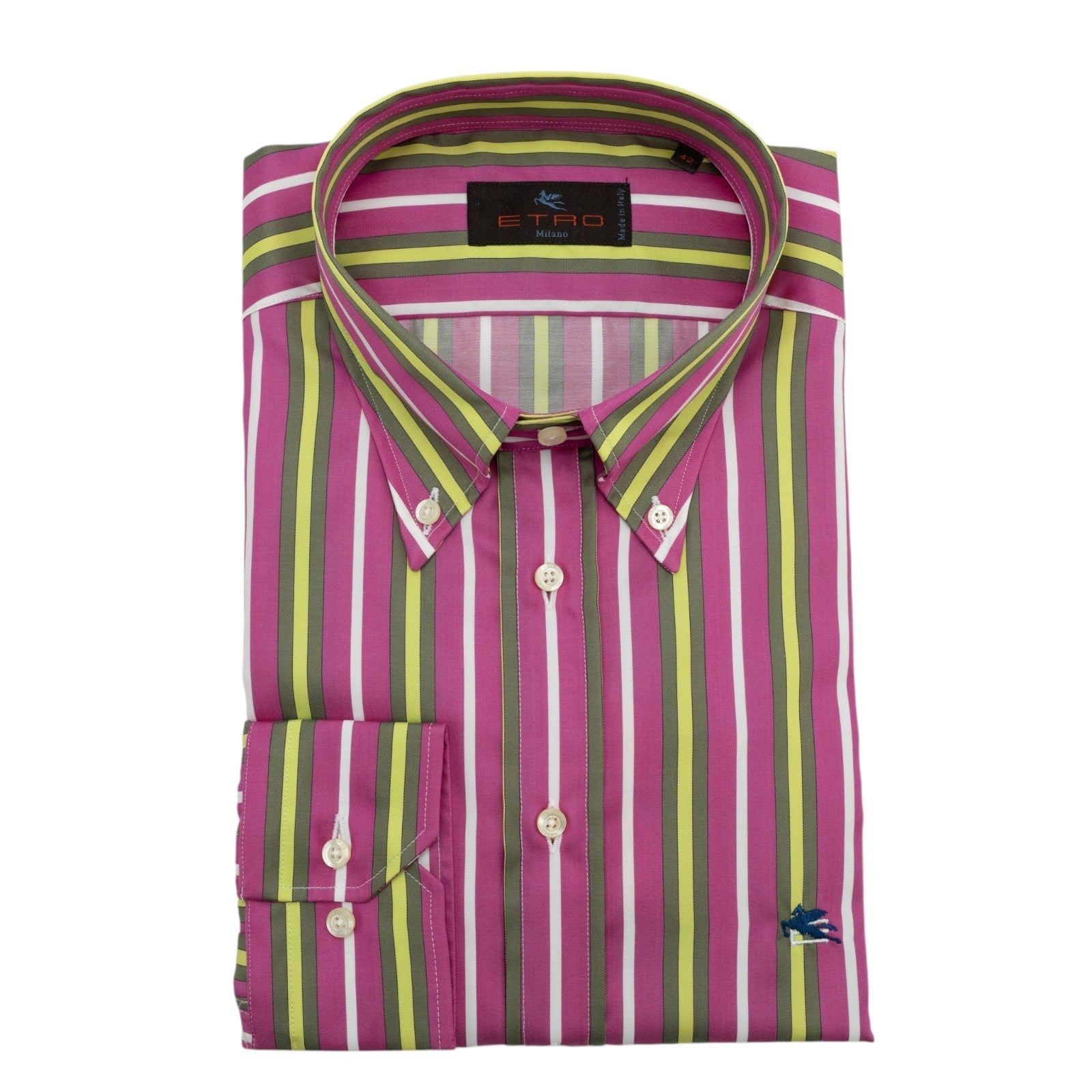 500$ ETRO MILANO Shirt Striped Shirt Magenta Olive Button-Down Cotton 16.5 - 42