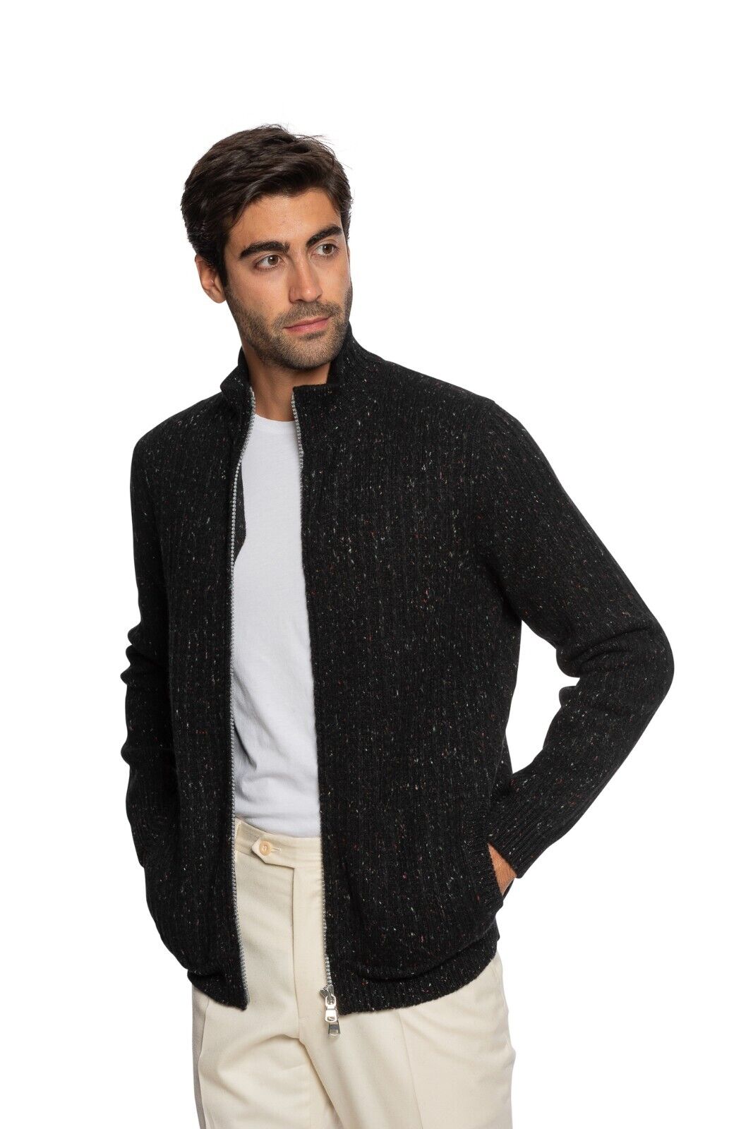 $1900 FEDELI CASHMERE Black Bomber Cardigan Donegal 100% Cashmere 40 US / 50 EU
