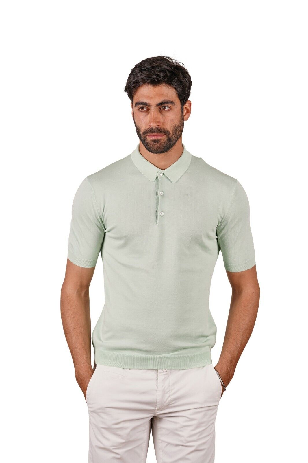 240$ Italian Luxury Knitwear GRAN SASSO Knit Polo Sweater "Fresh Cotton" Cèladon