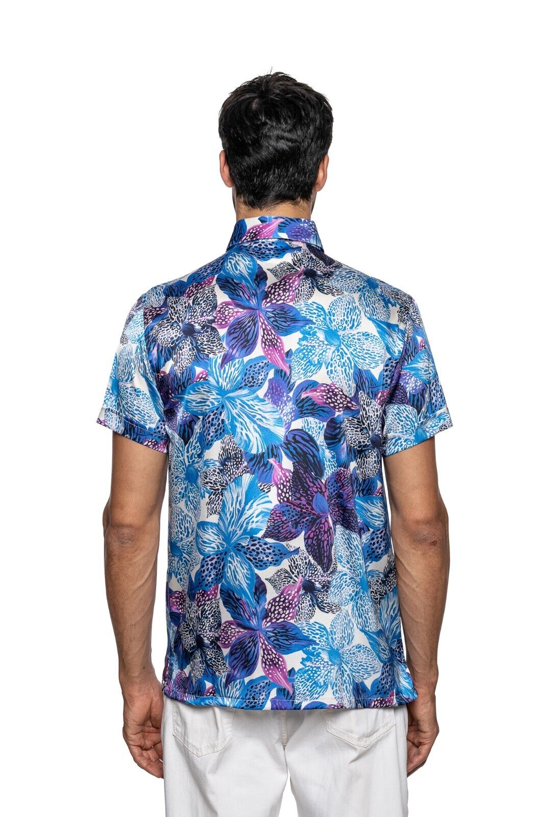 750$ ITALO FERRETTI " FLORAL " Polo Blue 100% Silk STRETCH COMO Size L BIJAN