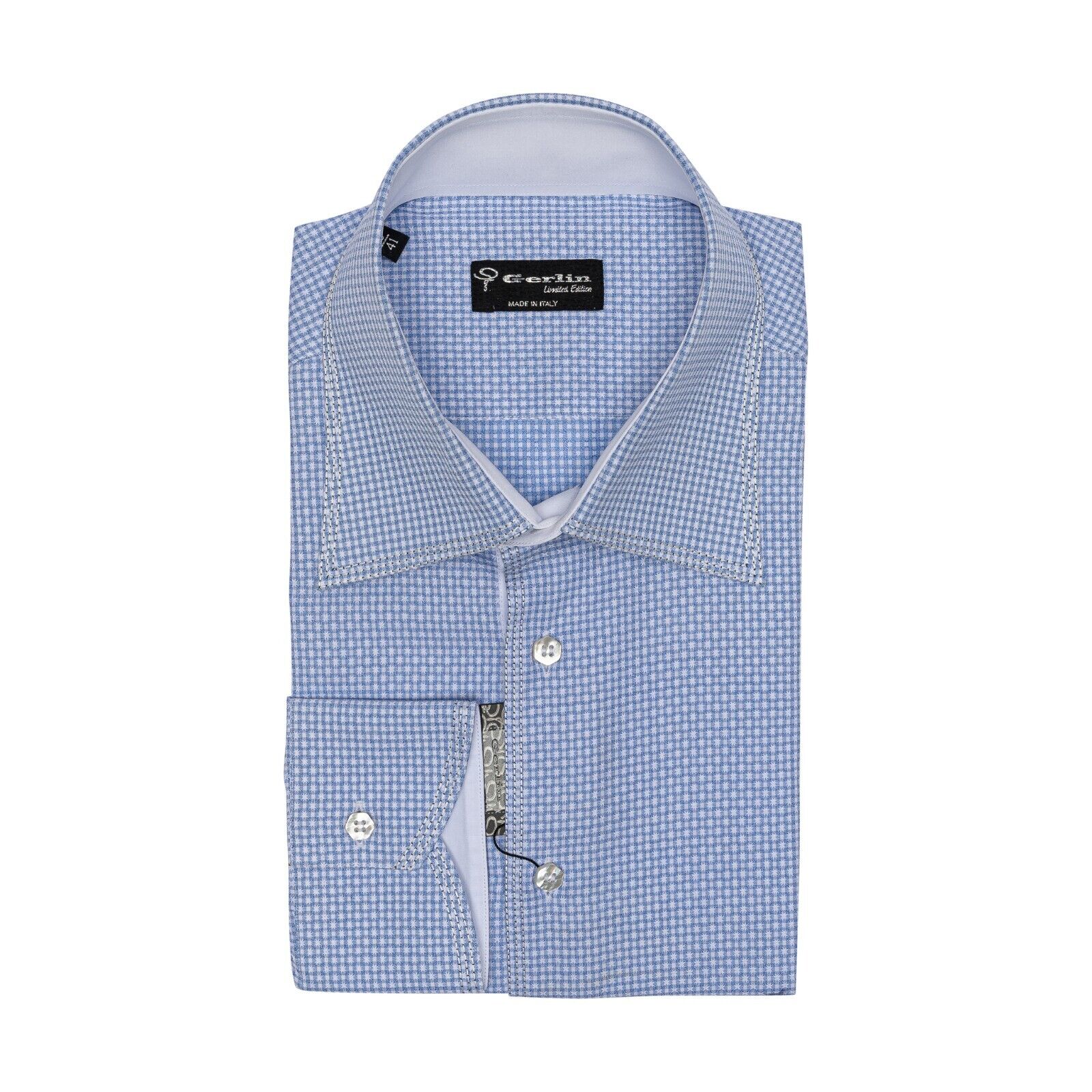 690$ LUXURY GERLIN Shirt Checks Blue Jacquard Cotton 16 - 41  1G BIJAN