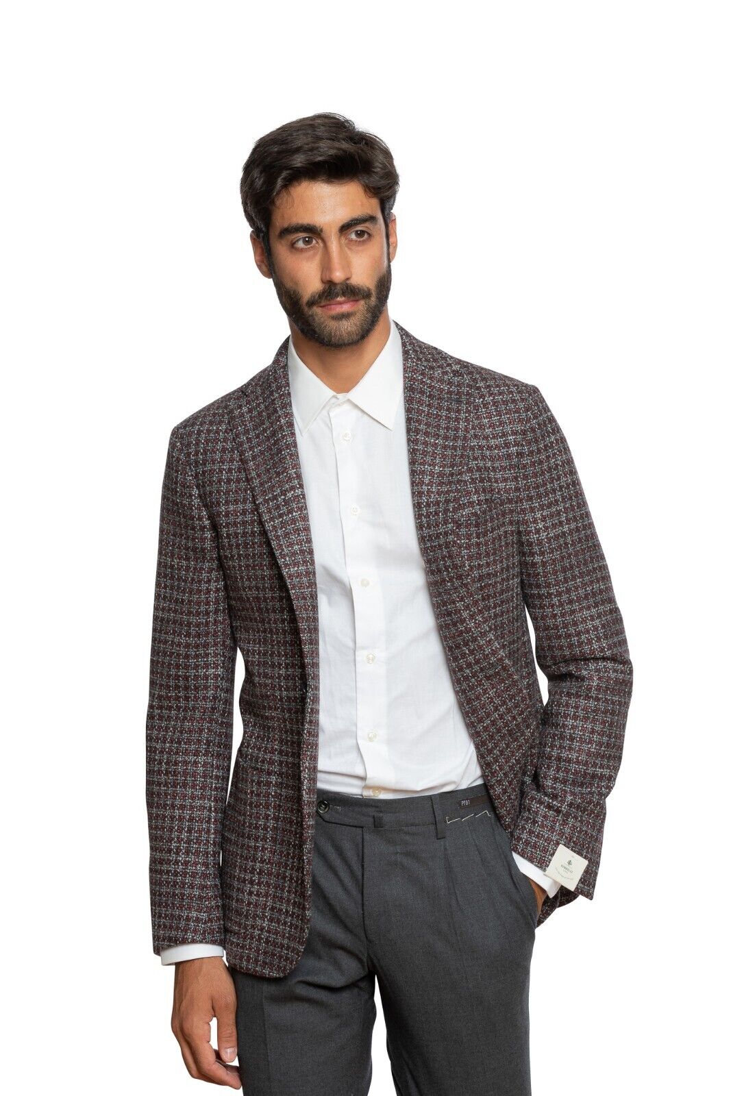 $2080 LUIGI BORRELLI Hand-Sewn Wine Gray Houndstooth Jacket Wool Silk