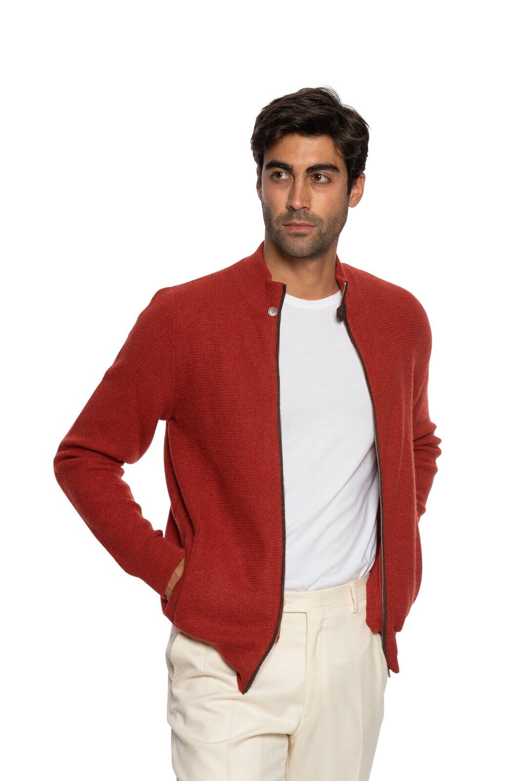 $1600 FEDELI CASHMERE Red Bomber Sweater Suede + 100% Cashmere 40 US / 50 EU