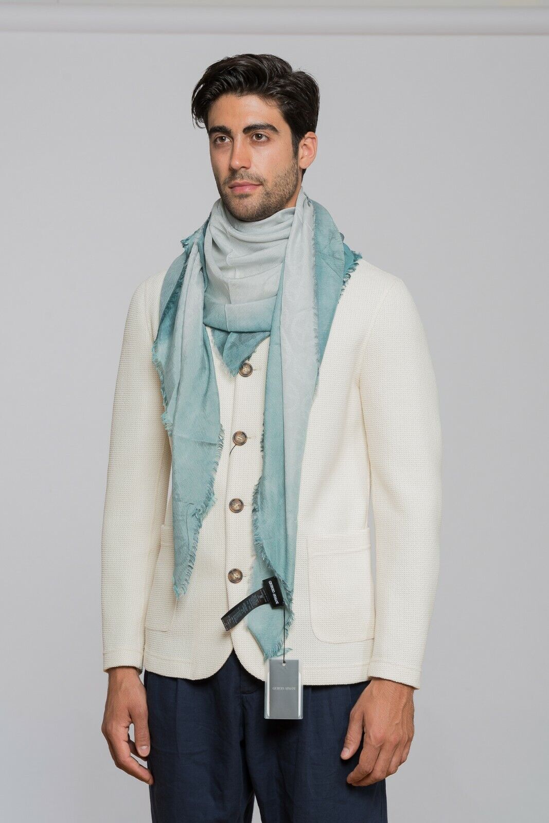425$ GIORGIO ARMANI Black Label Triangle Foulard Scarf Green Aquamarine Silk Mix