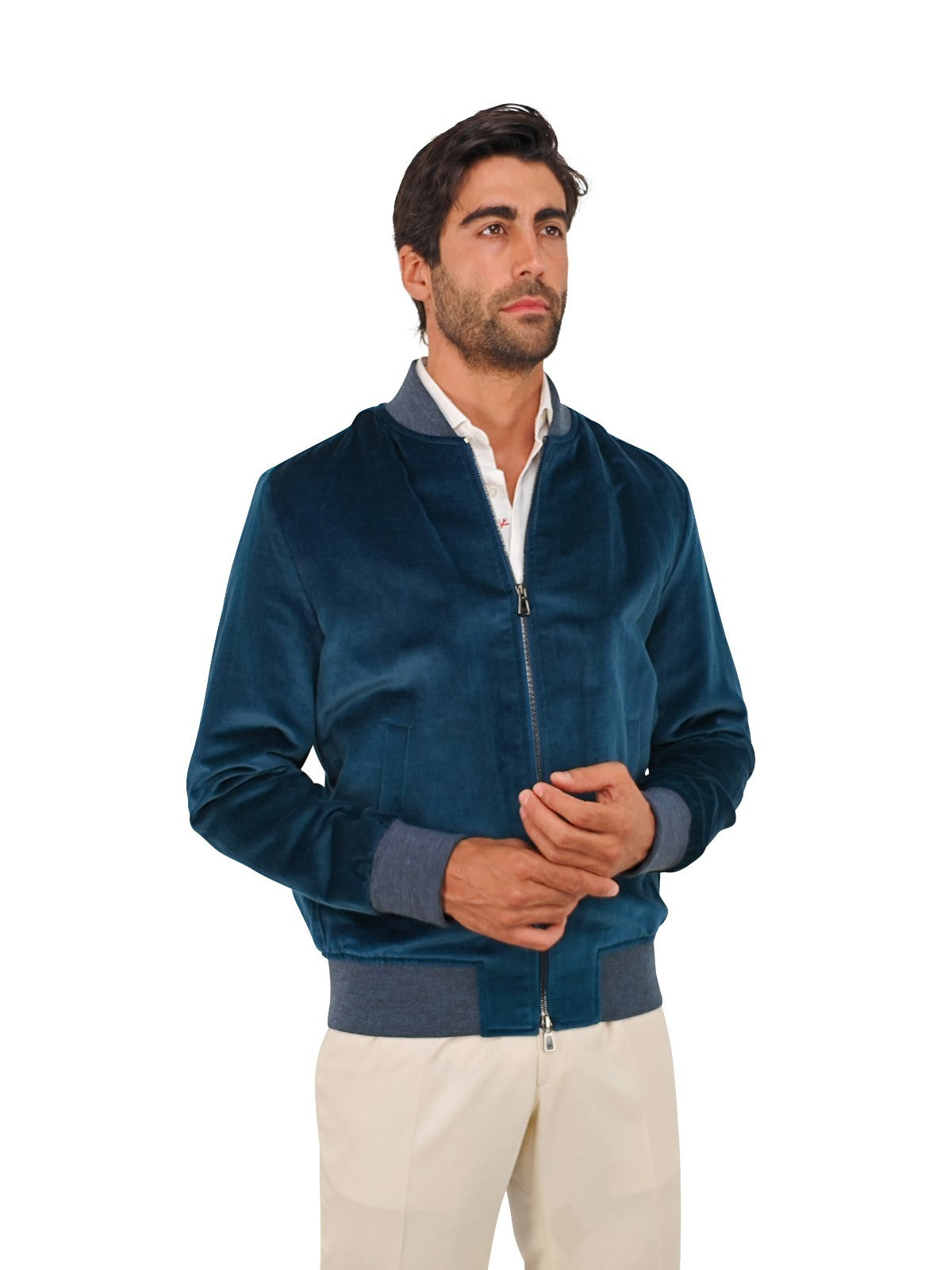 $3800 ISAIA NAPOLI Petrol Blue Bomber Jacket Velvet Cotton / Linen 38 US / 48 EU