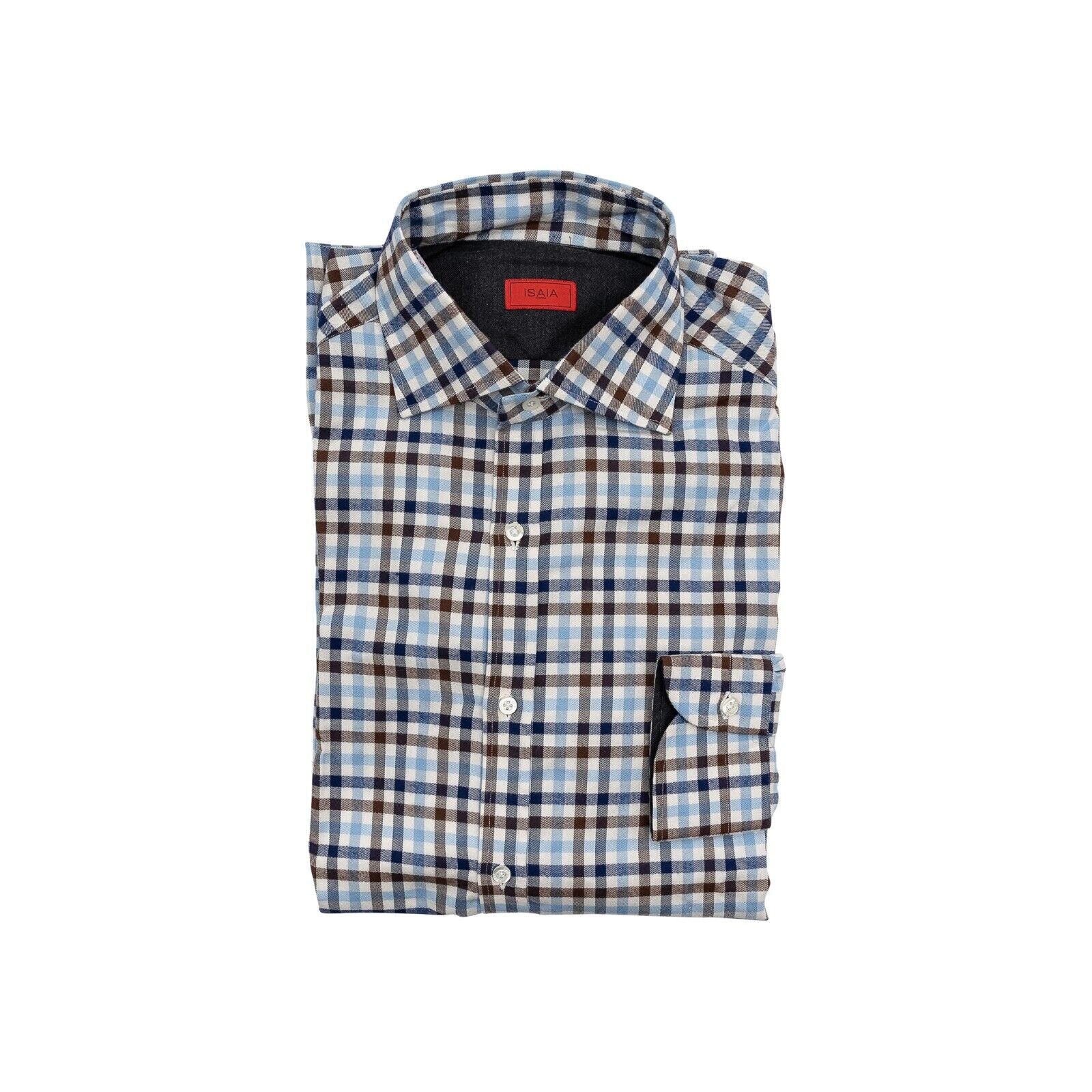 650$ ISAIA NAPOLI Blue / Brown Hand-Sewn Checks Shirt Flannel Cotton 15.5 - 39