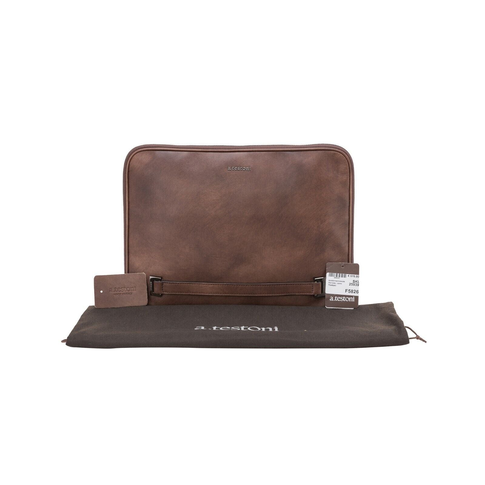 $740 Testoni Bologna Brown TAMPONATO Calf Clutch Bag / Document Holder PC case