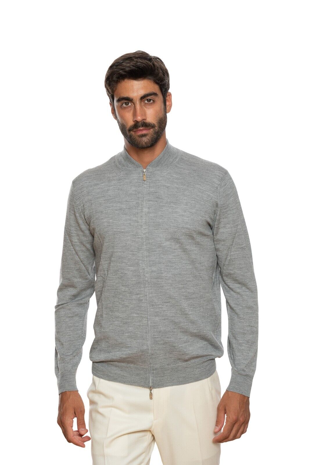 480$ DELLA CIANA CASHMERE Sweater Full Zip Fine Merinos Wool Gray 40 US / 50 EU