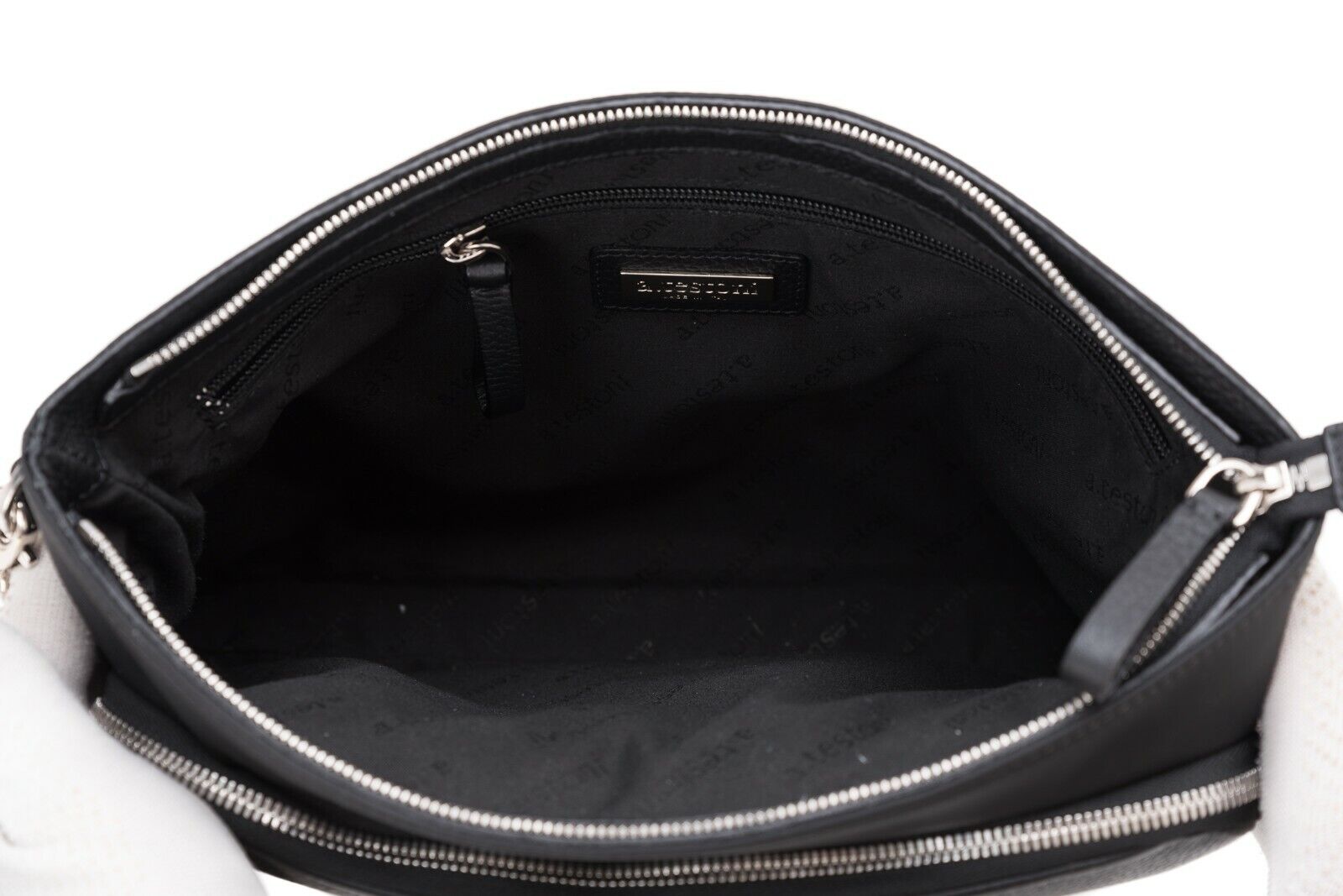 $480 Testoni Bologna Black Karibu Calf + Fabric Hand Clutch Bag + Handle