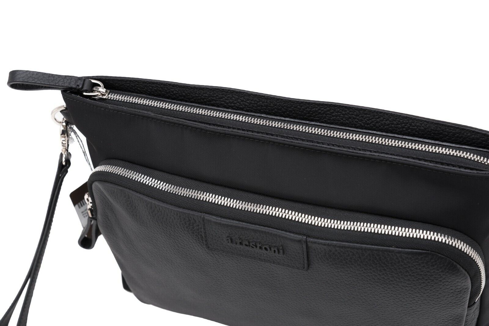 $480 Testoni Bologna Black Karibu Calf + Fabric Hand Clutch Bag + Handle
