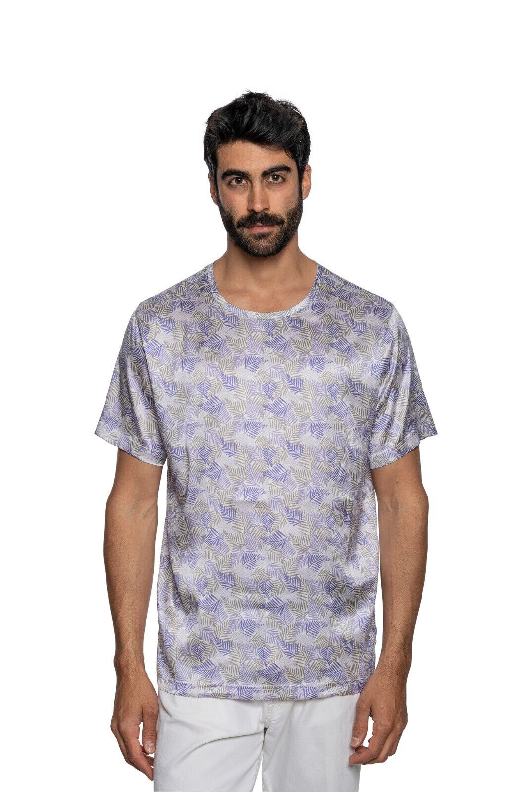 750$ ITALO FERRETTI T-Shirt White / Lilac "PALM" 100% Silk COMO Size L ZILLI
